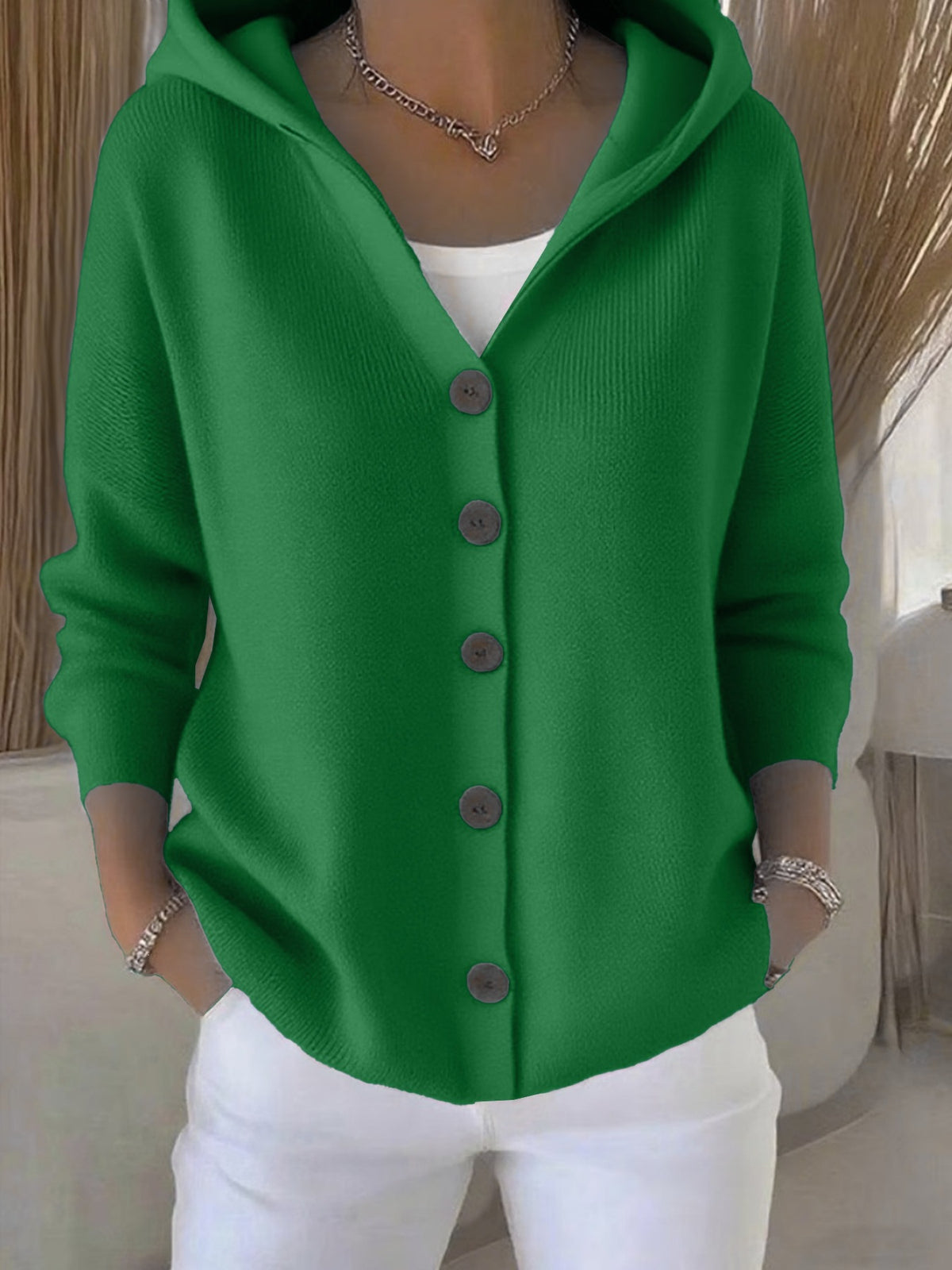 Chaqueta tipo cardigan de punto con capucha para mujer, estilo casual y liso