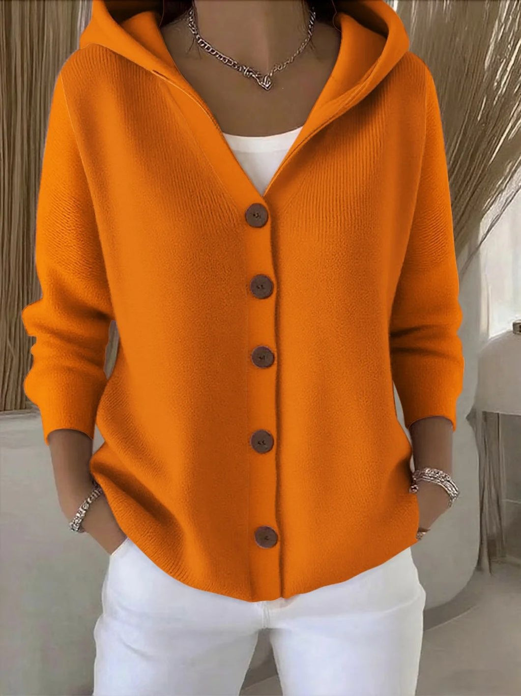 Chaqueta tipo cardigan de punto con capucha para mujer, estilo casual y liso