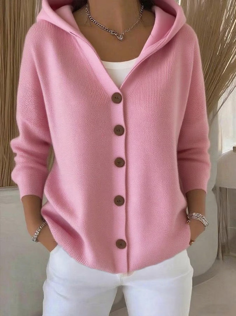 Chaqueta tipo cardigan de punto con capucha para mujer, estilo casual y liso