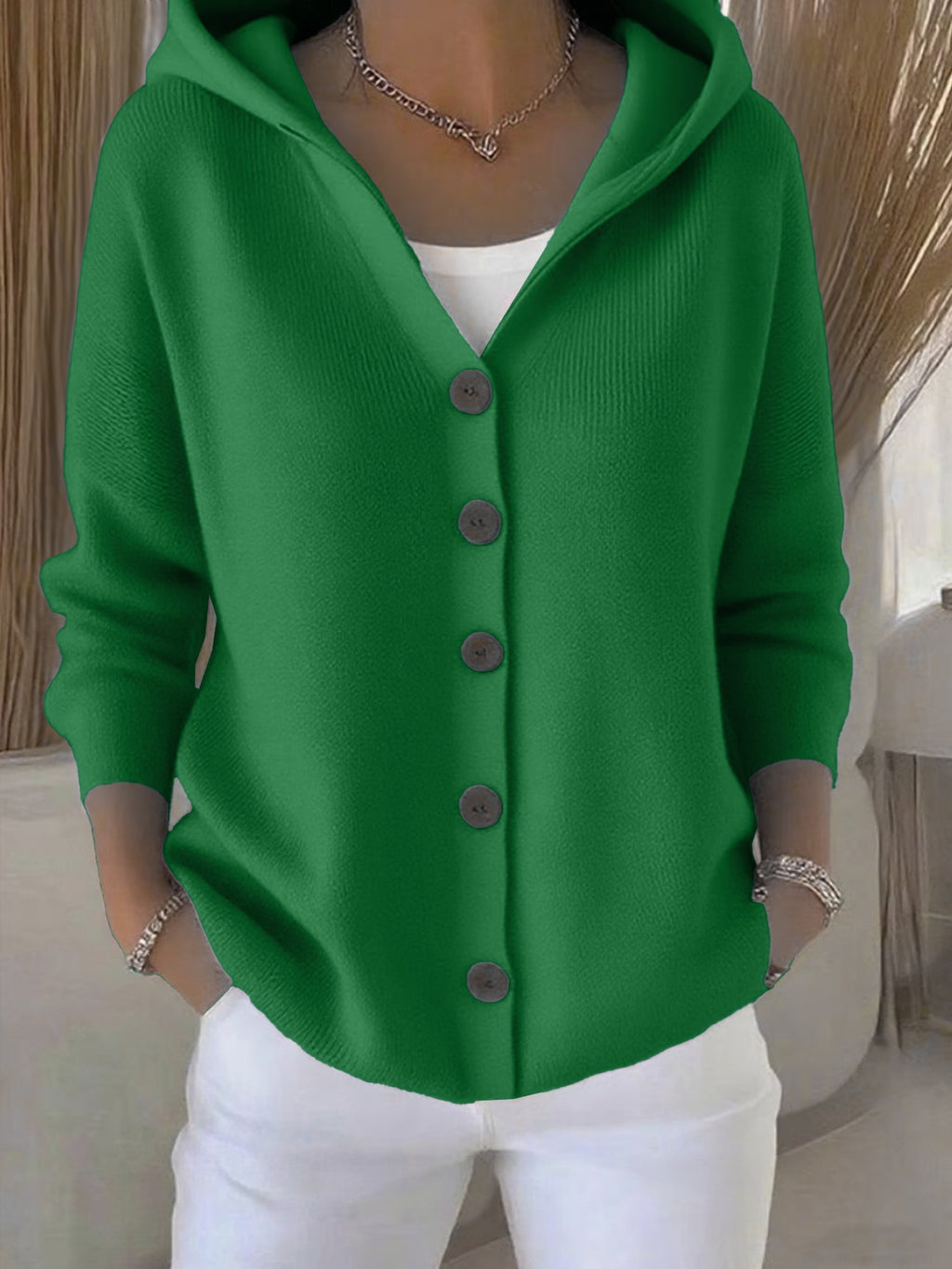 Chaqueta tipo cardigan de punto con capucha para mujer, estilo casual y liso