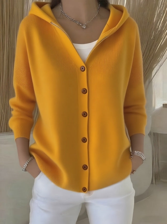 Chaqueta tipo cardigan de punto con capucha para mujer, estilo casual y liso