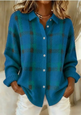 Cardigan tipo sueter y camisa de manga larga, holgado y casual, con estampado de cuadros.