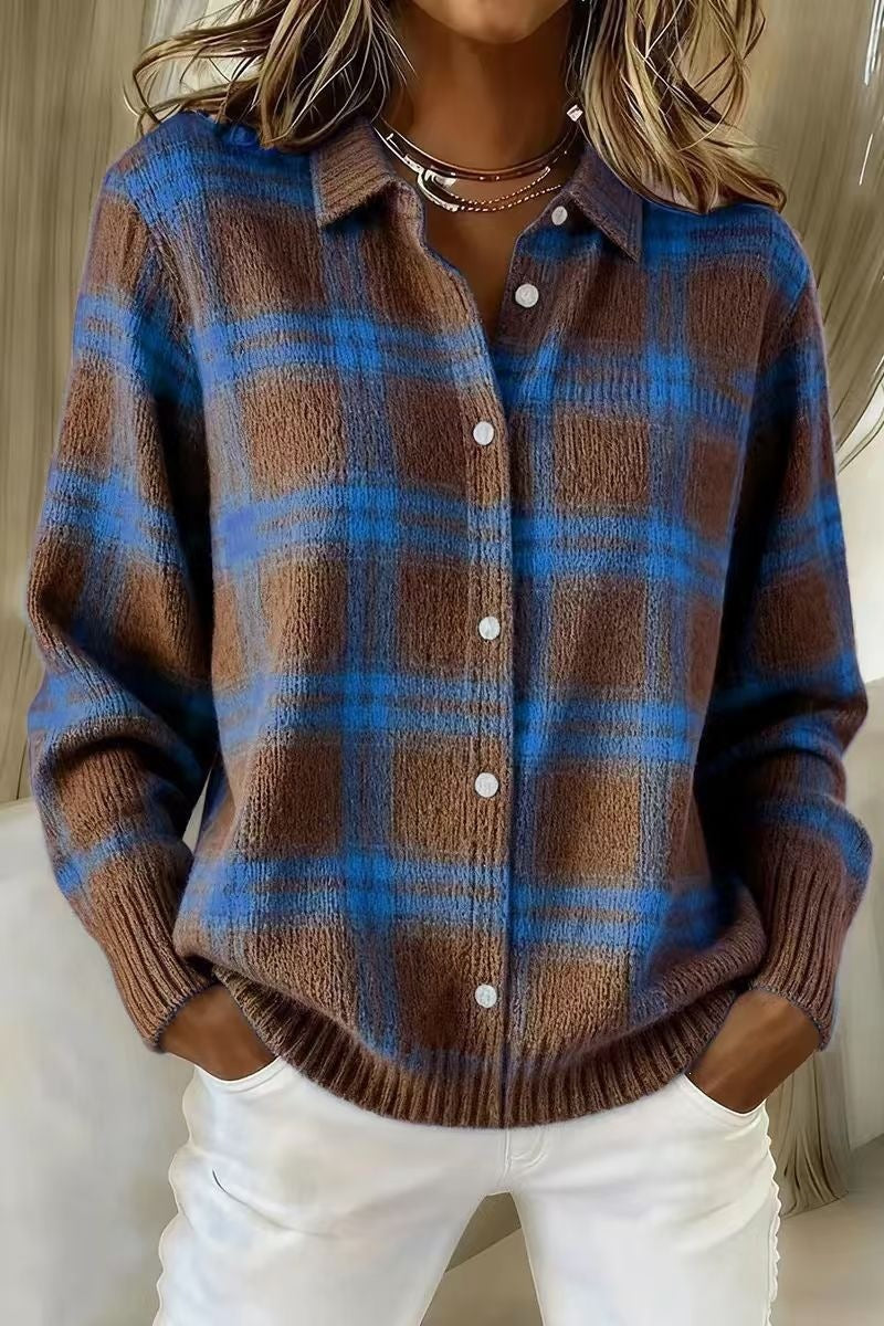 Cardigan tipo sueter y camisa de manga larga, holgado y casual, con estampado de cuadros.