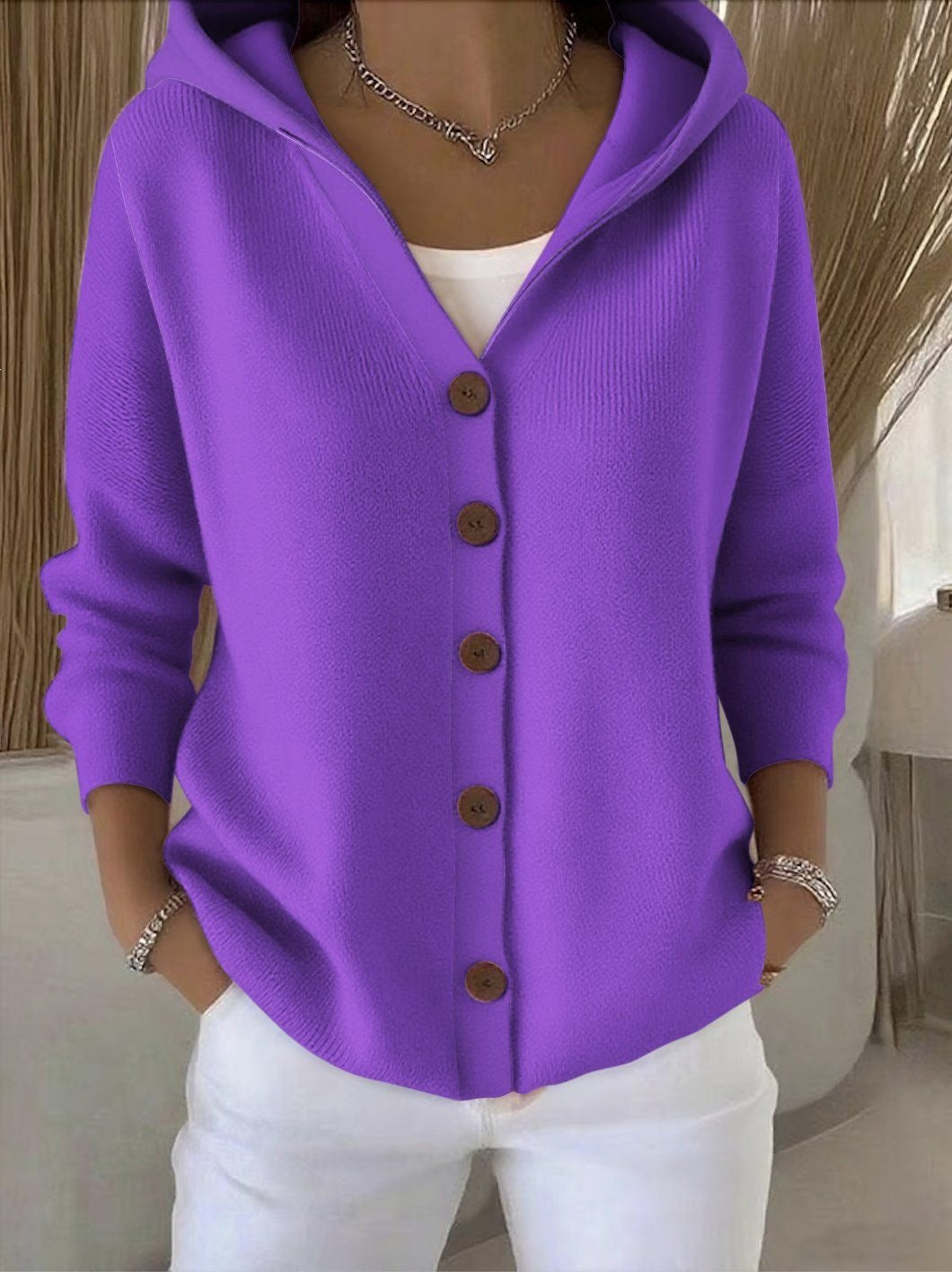 Chaqueta tipo cardigan de punto con capucha para mujer, estilo casual y liso
