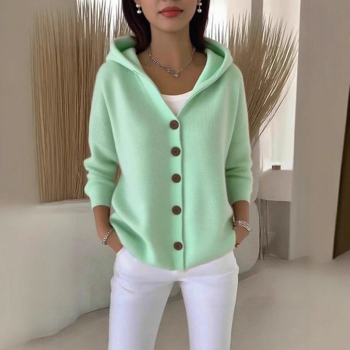 Chaqueta tipo cardigan de punto con capucha para mujer, estilo casual y liso