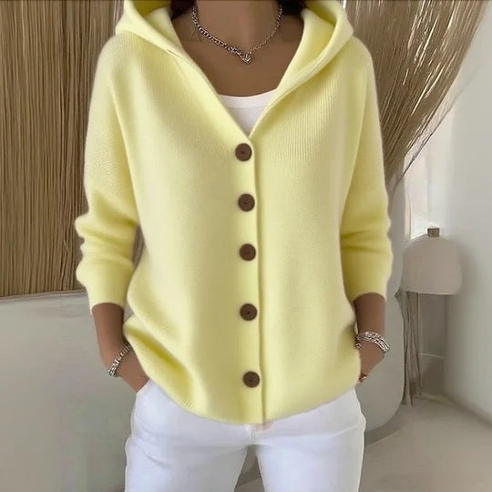 Chaqueta tipo cardigan de punto con capucha para mujer, estilo casual y liso