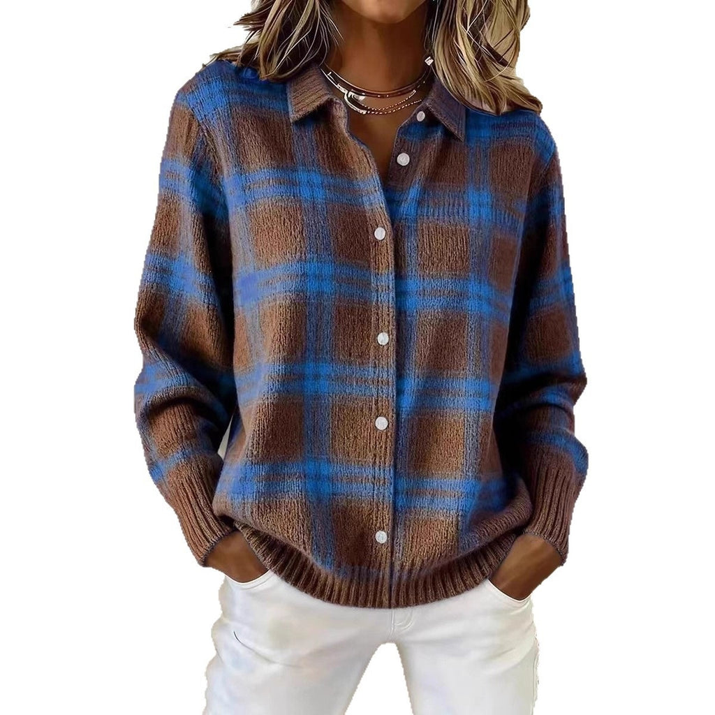 Cardigan tipo sueter y camisa de manga larga, holgado y casual, con estampado de cuadros.