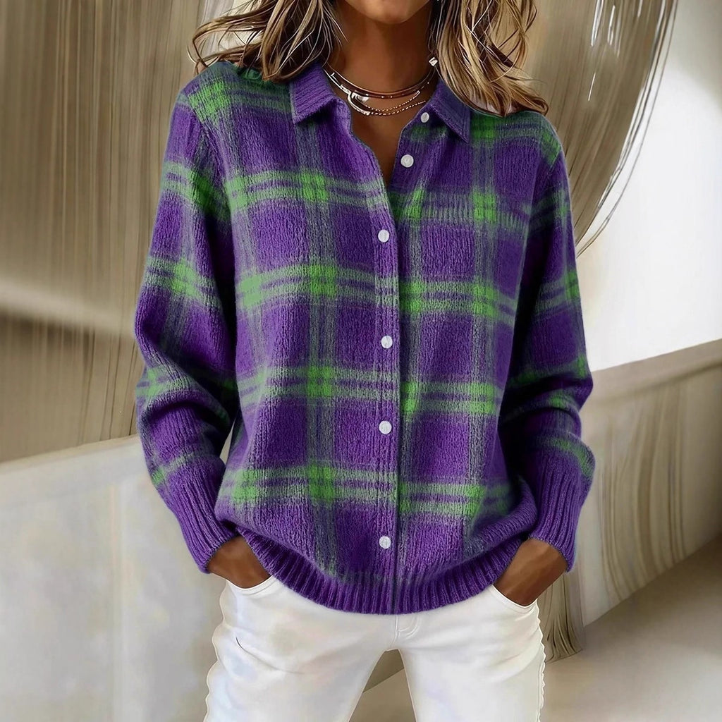 Cardigan tipo sueter y camisa de manga larga, holgado y casual, con estampado de cuadros.