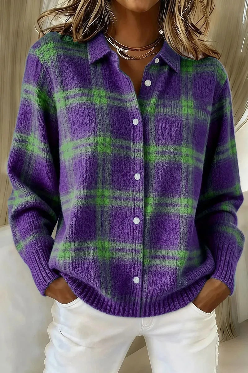 Cardigan tipo sueter y camisa de manga larga, holgado y casual, con estampado de cuadros.