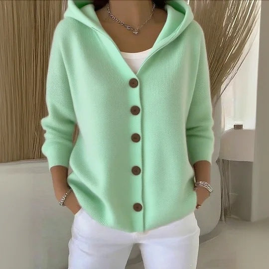 Chaqueta tipo cardigan de punto con capucha para mujer, estilo casual y liso