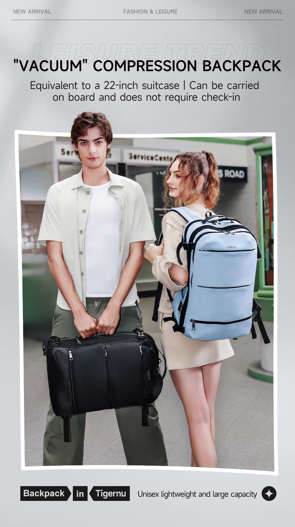 Mochila de viaje compresión al vacío 27–37L unisex | USB, portátil 17” y apta cabina