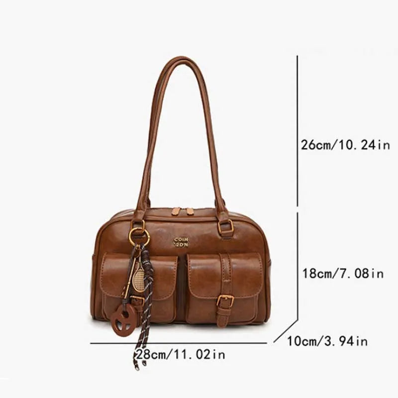 Bolso de hombro retro para mujer | Piel sintética con múltiples bolsillos y colgante desmontable