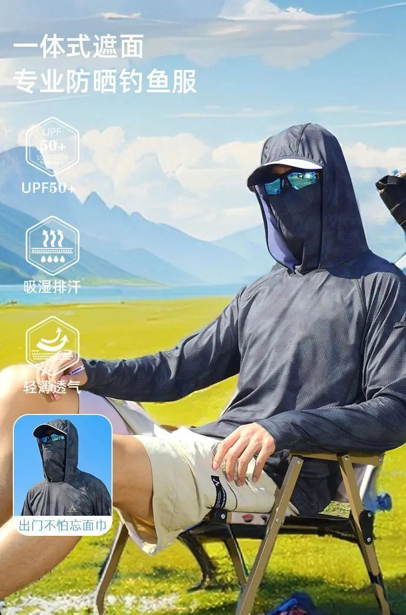Camiseta ultraligera de verano con estampados de moda y capucha con protección solar UPF y mascarilla integrada; manga larga, transpirable e ideal para pesca con protección UV.