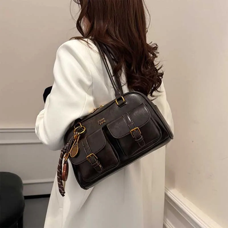 Bolso de hombro retro para mujer | Piel sintética con múltiples bolsillos y colgante desmontable