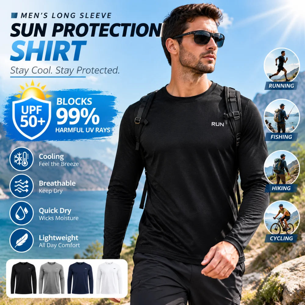 Camiseta de manga larga para hombre con protección UV UPF 50+, ligera, de secado rápido y transpirable; ideal para actividades al aire libre como correr, pescar, hacer senderismo y practicar deporte.