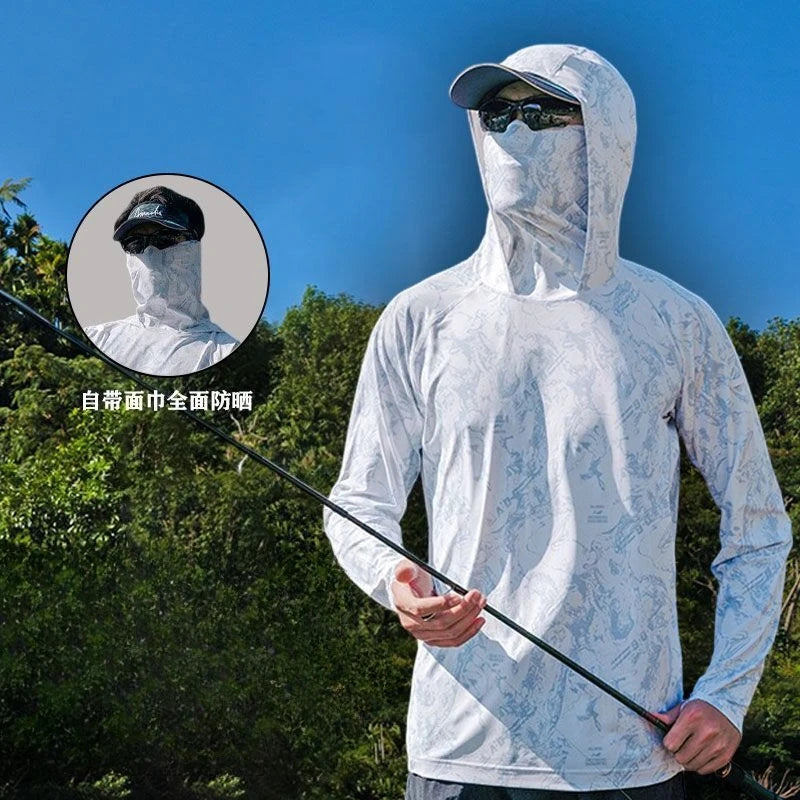Camiseta ultraligera de verano con estampados de moda y capucha con protección solar UPF y mascarilla integrada; manga larga, transpirable e ideal para pesca con protección UV.