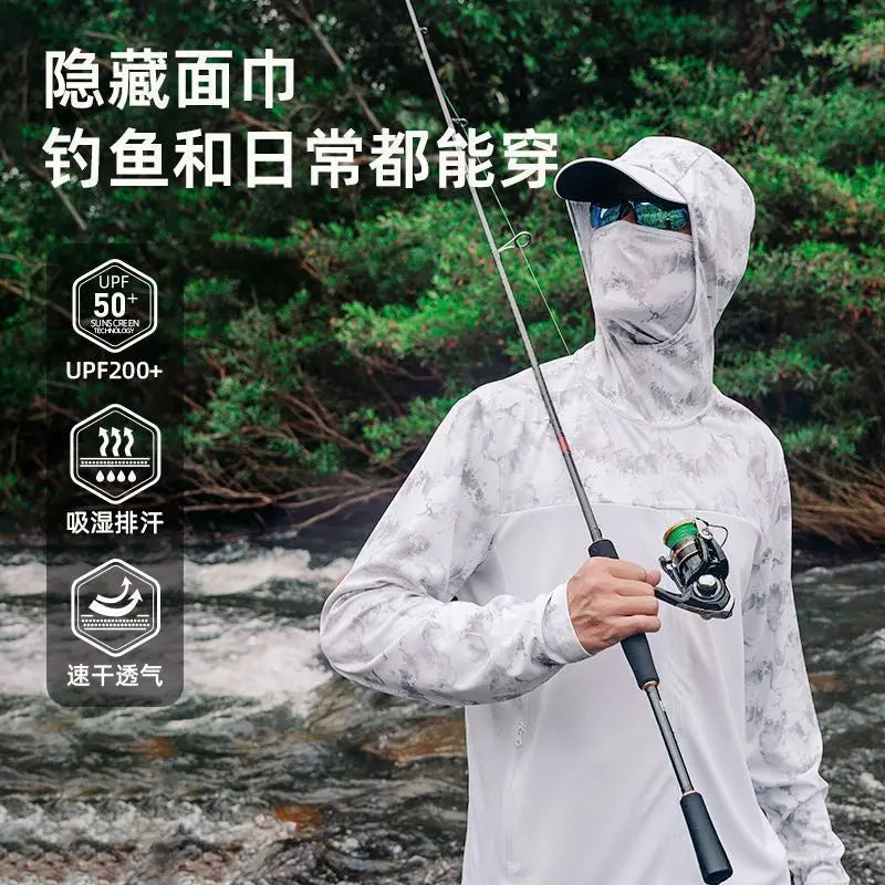 Camiseta ultraligera de verano con estampados de moda y capucha con protección solar UPF y mascarilla integrada; manga larga, transpirable e ideal para pesca con protección UV.