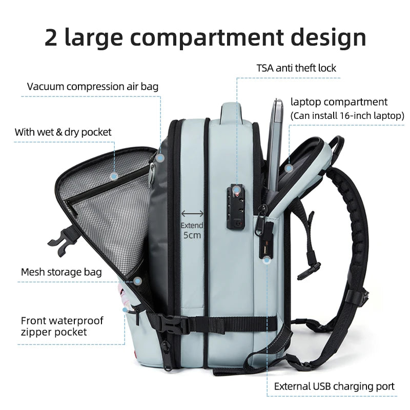 Mochila casual compresión al vacío 40L | Puerto USB, portátil 16” para escuela y viajes
