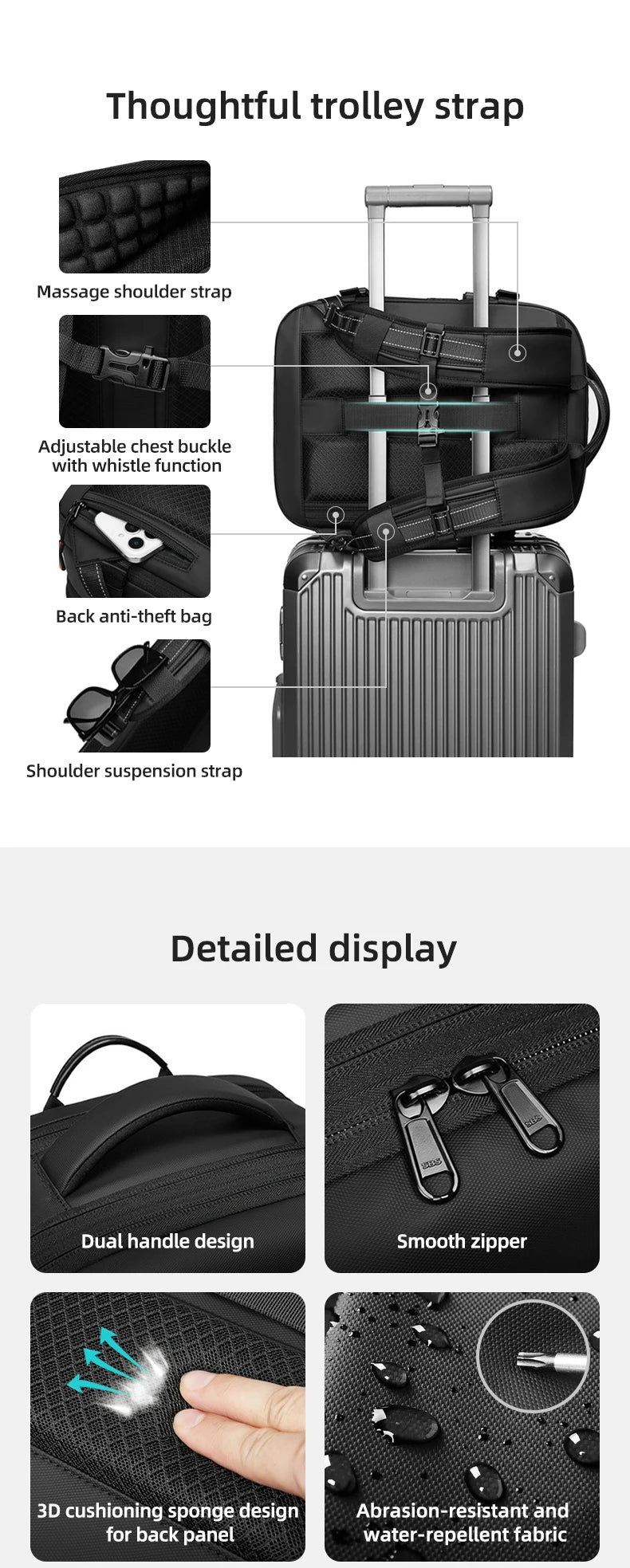 Mochila casual compresión al vacío 40L | Puerto USB, portátil 16” para escuela y viajes