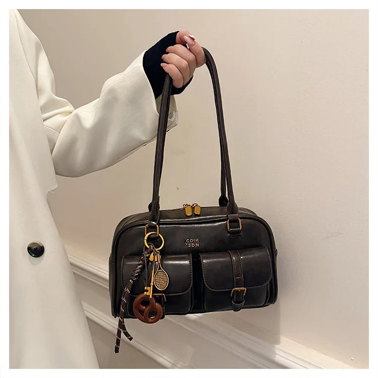 Bolso de hombro retro para mujer | Piel sintética con múltiples bolsillos y colgante desmontable