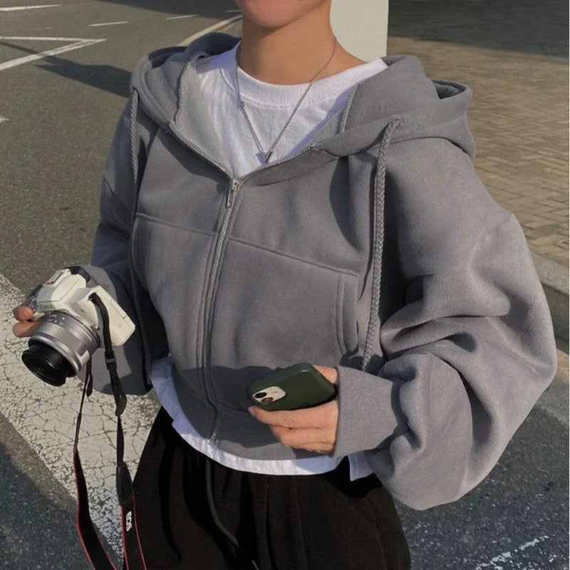 Autumn Winter Hooded Hoodies mujer Casual Streetwear Zip Up Sweatshirts Long Sleeve Jackets Harajuku Y2K Crop Tops Hood Shirt