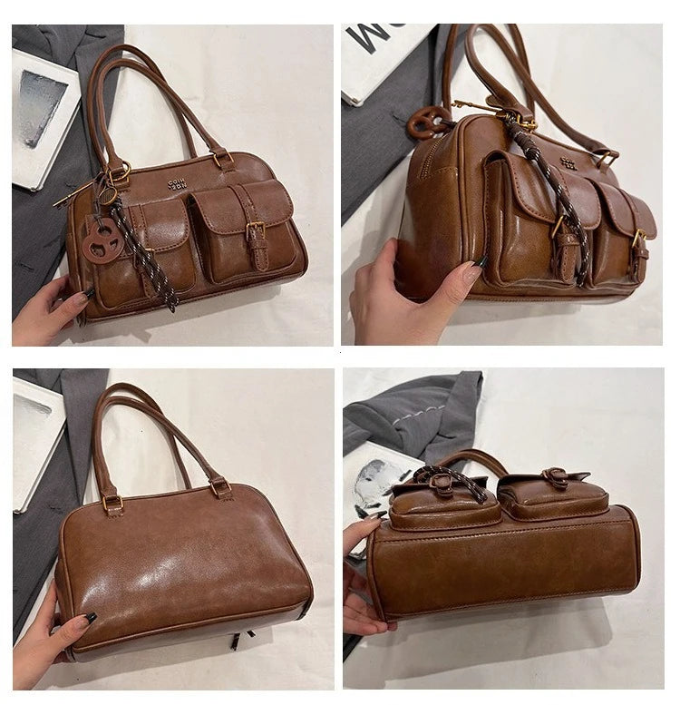 Bolso de hombro retro para mujer | Piel sintética con múltiples bolsillos y colgante desmontable