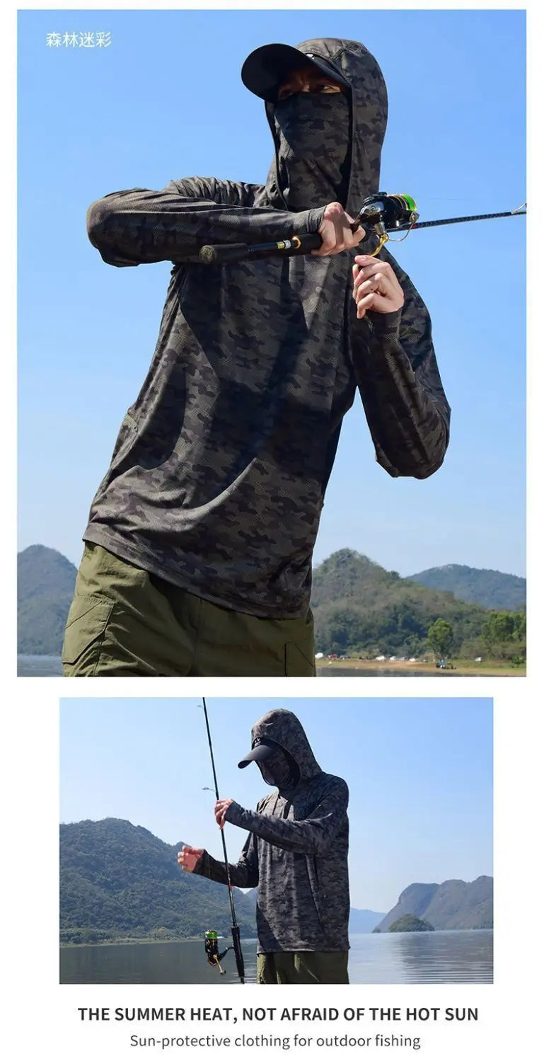 Camiseta ultraligera de verano con estampados de moda y capucha con protección solar UPF y mascarilla integrada; manga larga, transpirable e ideal para pesca con protección UV.
