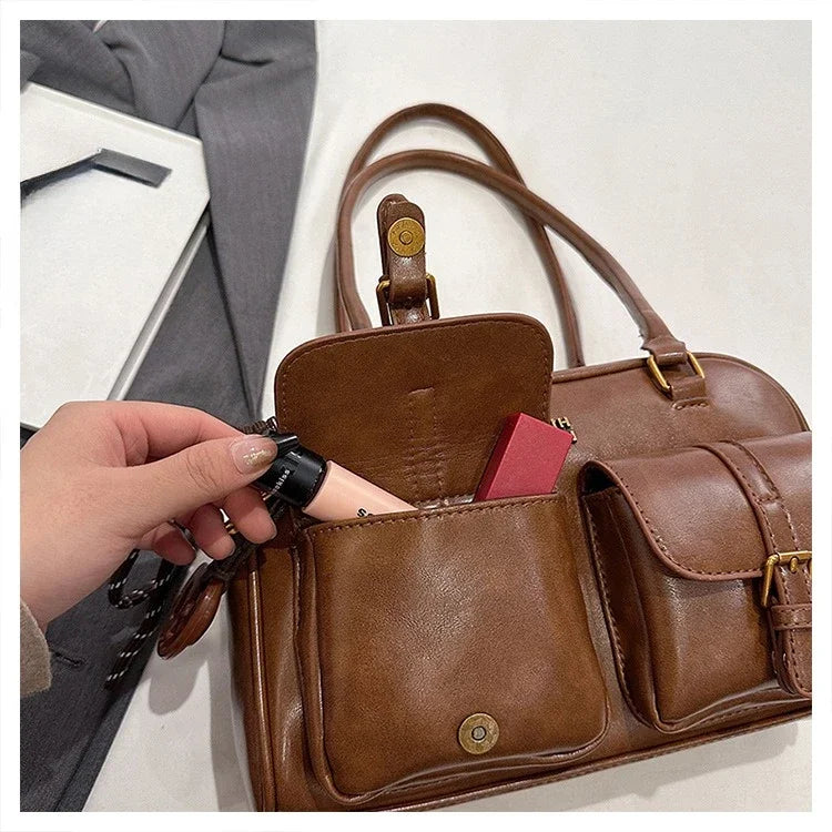 Bolso de hombro retro para mujer | Piel sintética con múltiples bolsillos y colgante desmontable