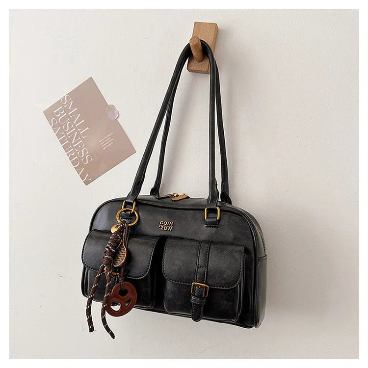 Bolso de hombro retro para mujer | Piel sintética con múltiples bolsillos y colgante desmontable