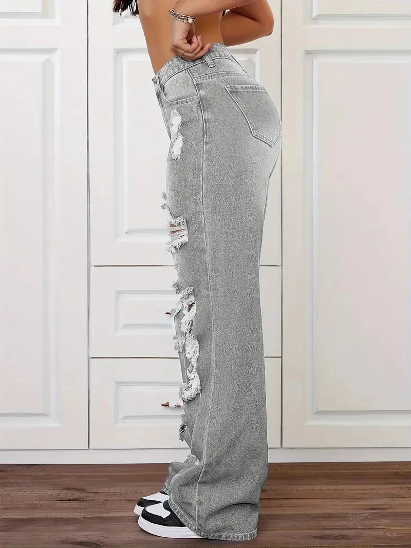 Jeans con roturas para mujer | Pernera ancha, tiro alto, estilo vintage desgastado