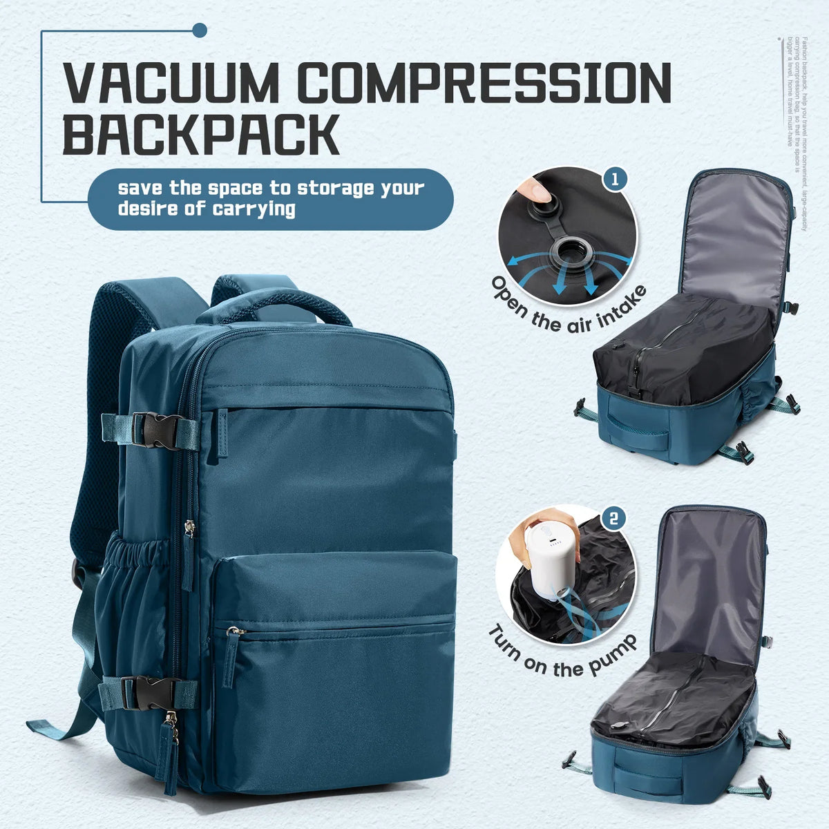 Mochila compresión al vacío apta para cabina 40x20x25 cm | Portátil 15,6” para viajes