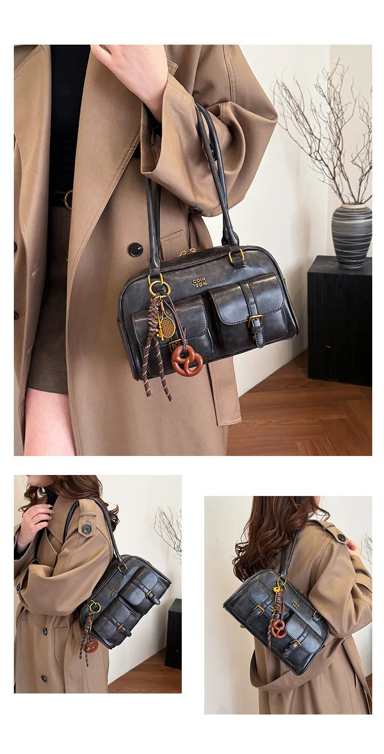 Bolso de hombro retro para mujer | Piel sintética con múltiples bolsillos y colgante desmontable