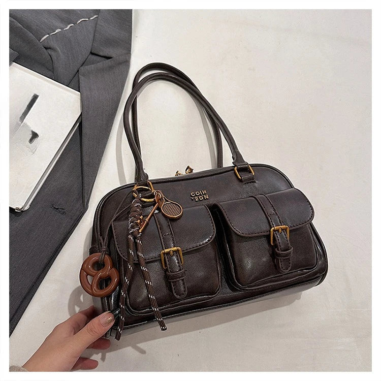 Bolso de hombro retro para mujer | Piel sintética con múltiples bolsillos y colgante desmontable