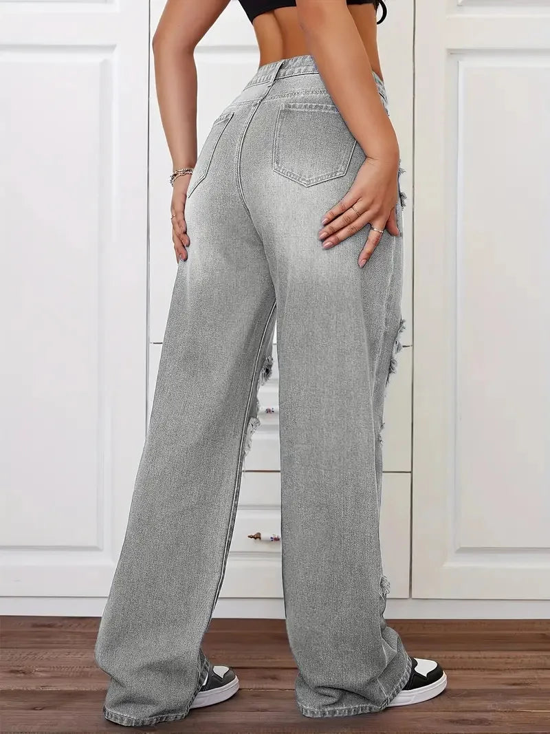 Jeans con roturas para mujer | Pernera ancha, tiro alto, estilo vintage desgastado