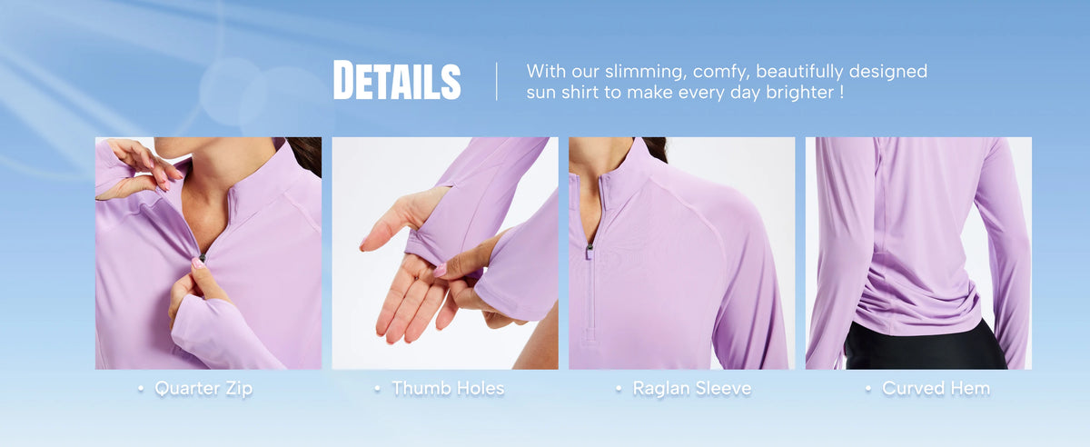 Camiseta para mujer con protección UV UPF50+, manga larga, cremallera corta, cordón lateral, aberturas para los pulgares y tejido transpirable.