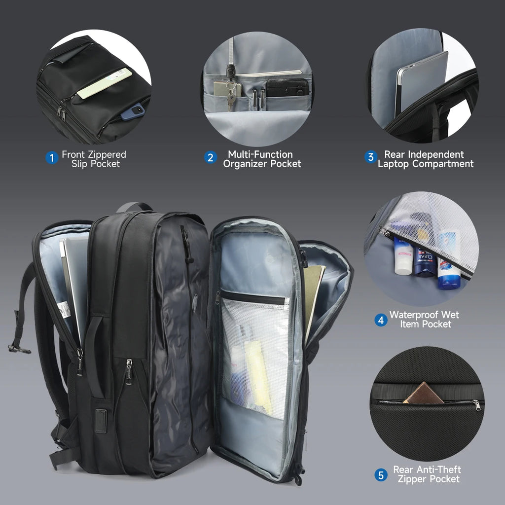 Mochila de viaje compresión al vacío 27–37L unisex | USB, portátil 17” y apta cabina