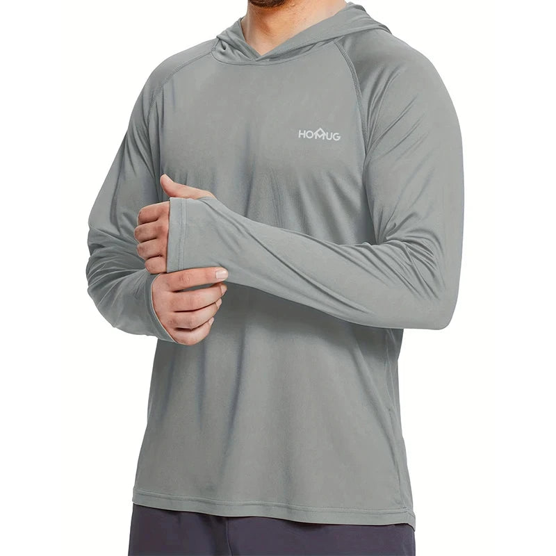 Sudadera con capucha y manga larga para hombre, con protección solar UPF 50+; prenda técnica e informal de secado rápido, ideal para correr o pescar.