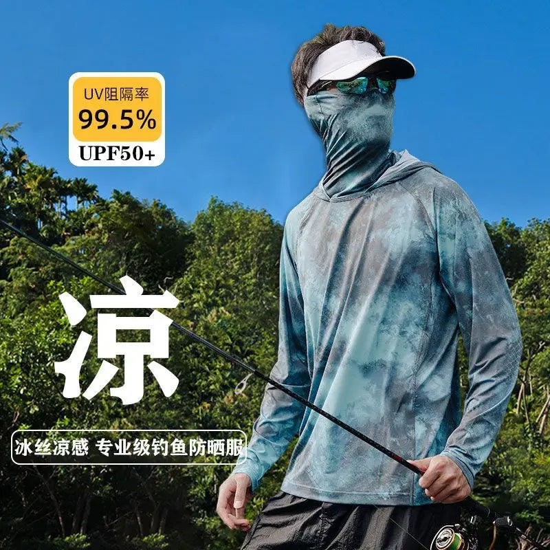 Camiseta ultraligera de verano con estampados de moda y capucha con protección solar UPF y mascarilla integrada; manga larga, transpirable e ideal para pesca con protección UV.