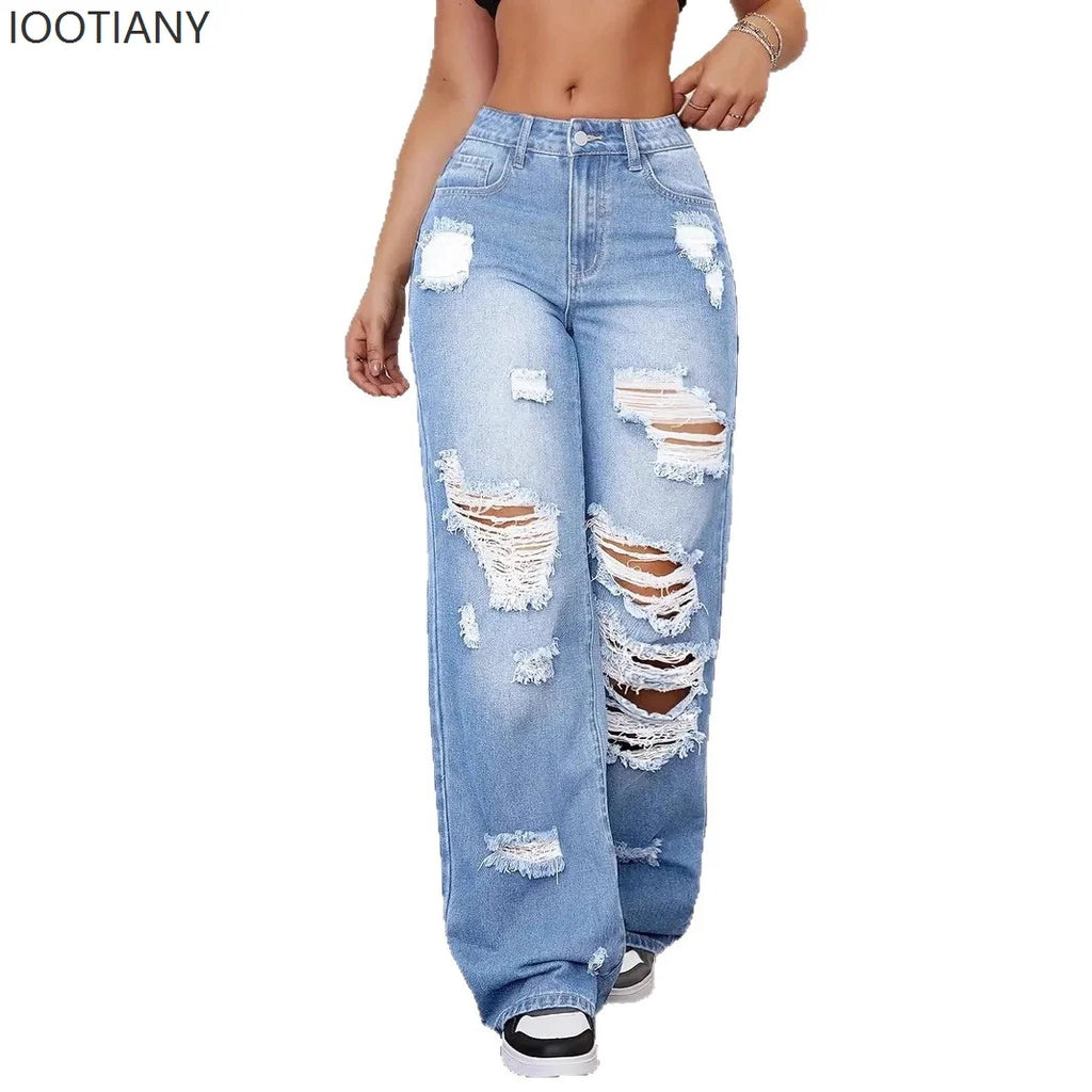 Jeans con roturas para mujer | Pernera ancha, tiro alto, estilo vintage desgastado