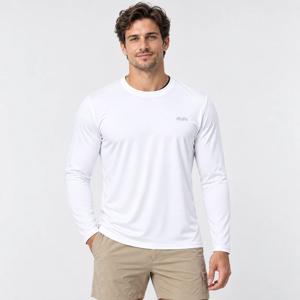 Camiseta de manga larga para hombre con protección solar UPF 50+; ideal para natación, pesca, senderismo y correr; tejido de secado rápido y ligero.