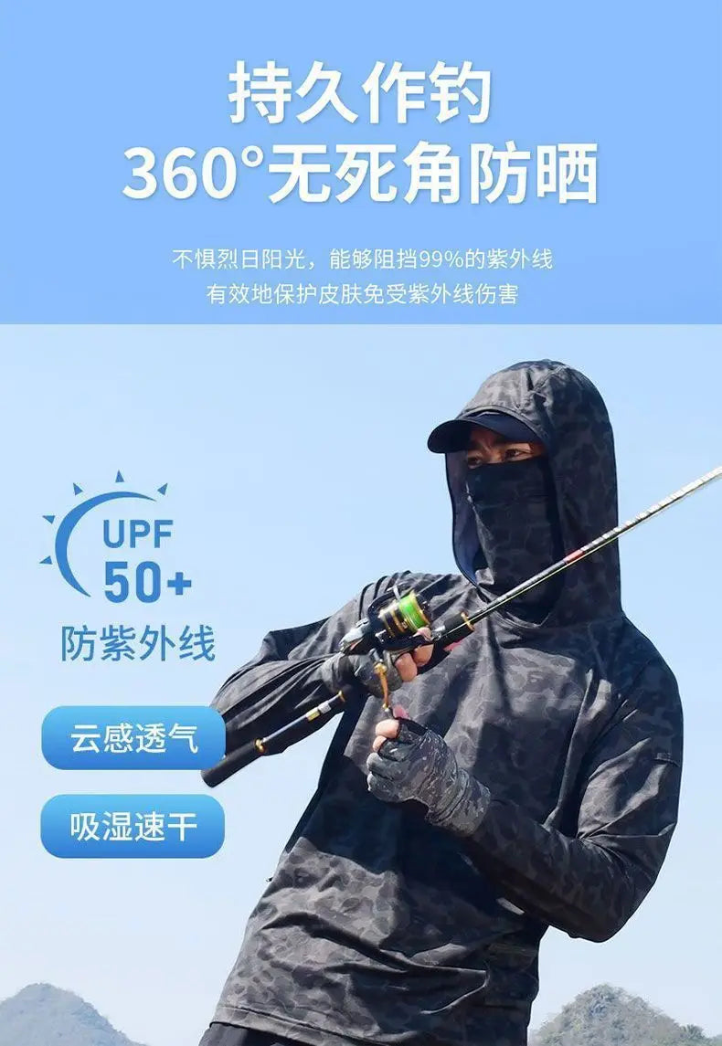 Camiseta ultraligera de verano con estampados de moda y capucha con protección solar UPF y mascarilla integrada; manga larga, transpirable e ideal para pesca con protección UV.