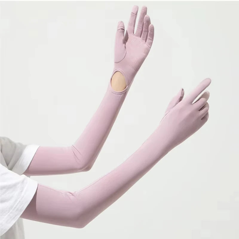 Guantes largos de verano para exteriores con protección UV (UPF50+) y compatibilidad con pantallas táctiles; ideales para conducir, andar en bicicleta y viajes al aire libre.