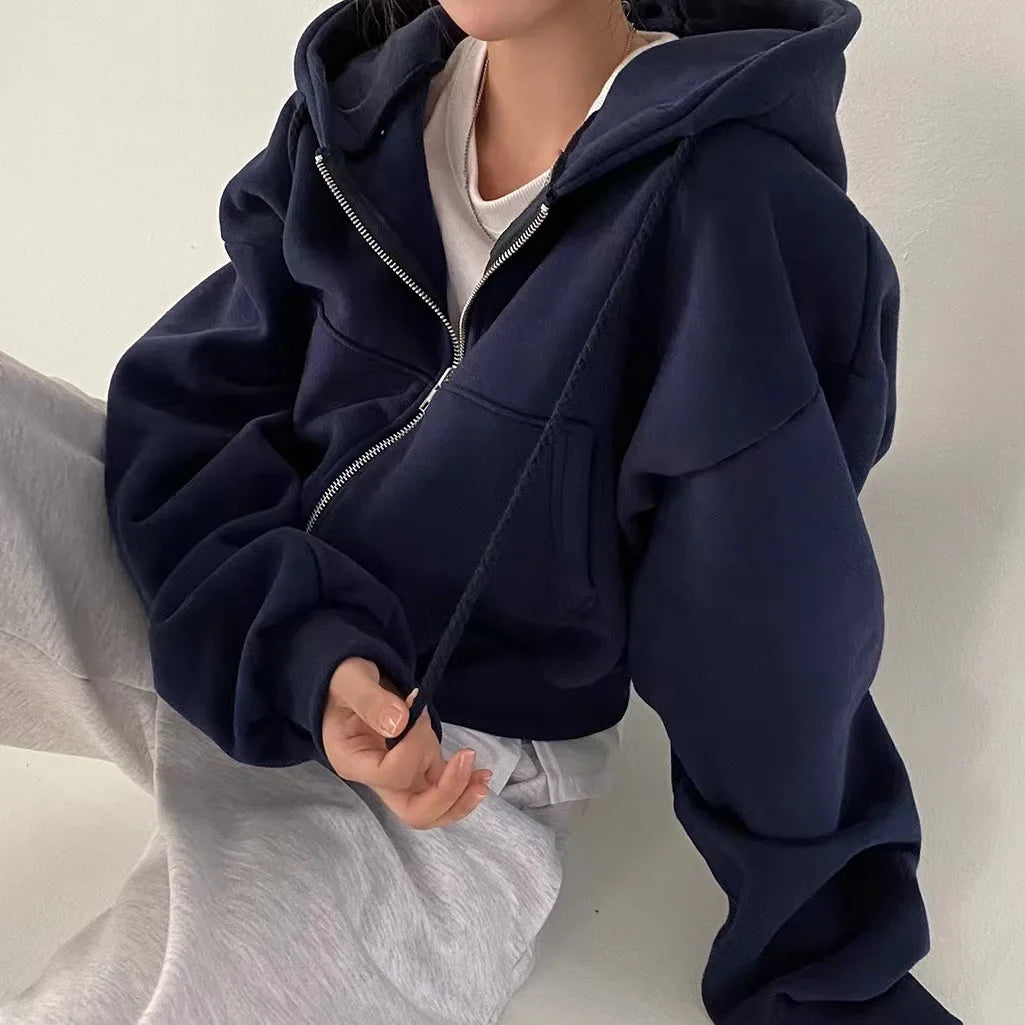 Autumn Winter Hooded Hoodies mujer Casual Streetwear Zip Up Sweatshirts Long Sleeve Jackets Harajuku Y2K Crop Tops Hood Shirt
