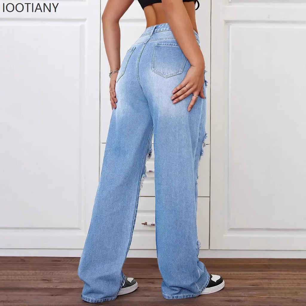 Jeans con roturas para mujer | Pernera ancha, tiro alto, estilo vintage desgastado