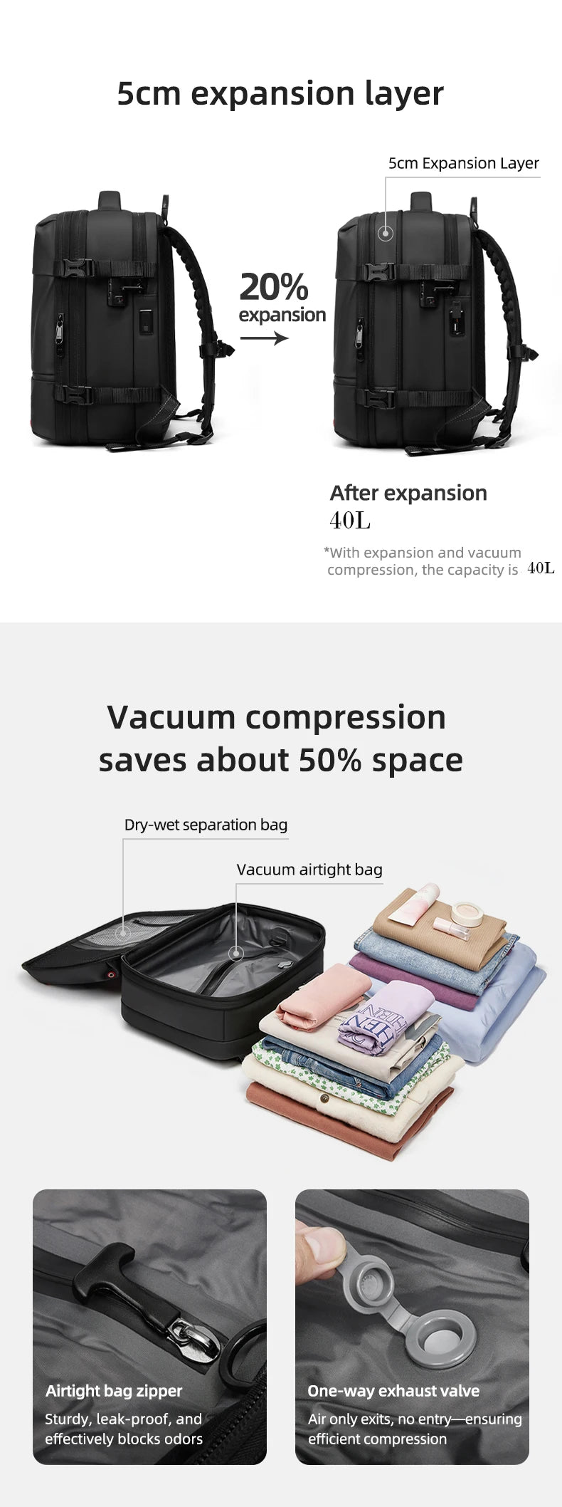 Mochila casual compresión al vacío 40L | Puerto USB, portátil 16” para escuela y viajes