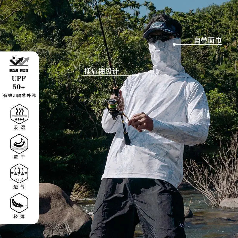 Camiseta ultraligera de verano con estampados de moda y capucha con protección solar UPF y mascarilla integrada; manga larga, transpirable e ideal para pesca con protección UV.