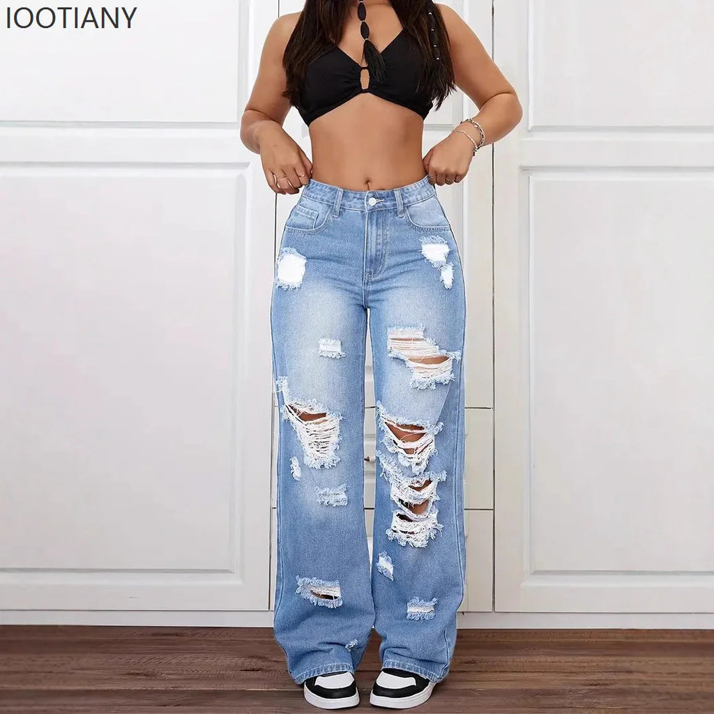 Jeans con roturas para mujer | Pernera ancha, tiro alto, estilo vintage desgastado