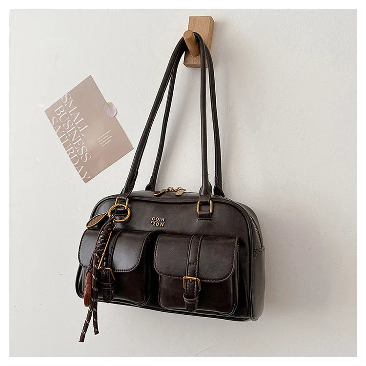 Bolso de hombro retro para mujer | Piel sintética con múltiples bolsillos y colgante desmontable