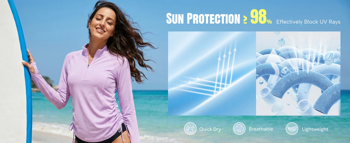 Camiseta para mujer con protección UV UPF50+, manga larga, cremallera corta, cordón lateral, aberturas para los pulgares y tejido transpirable.
