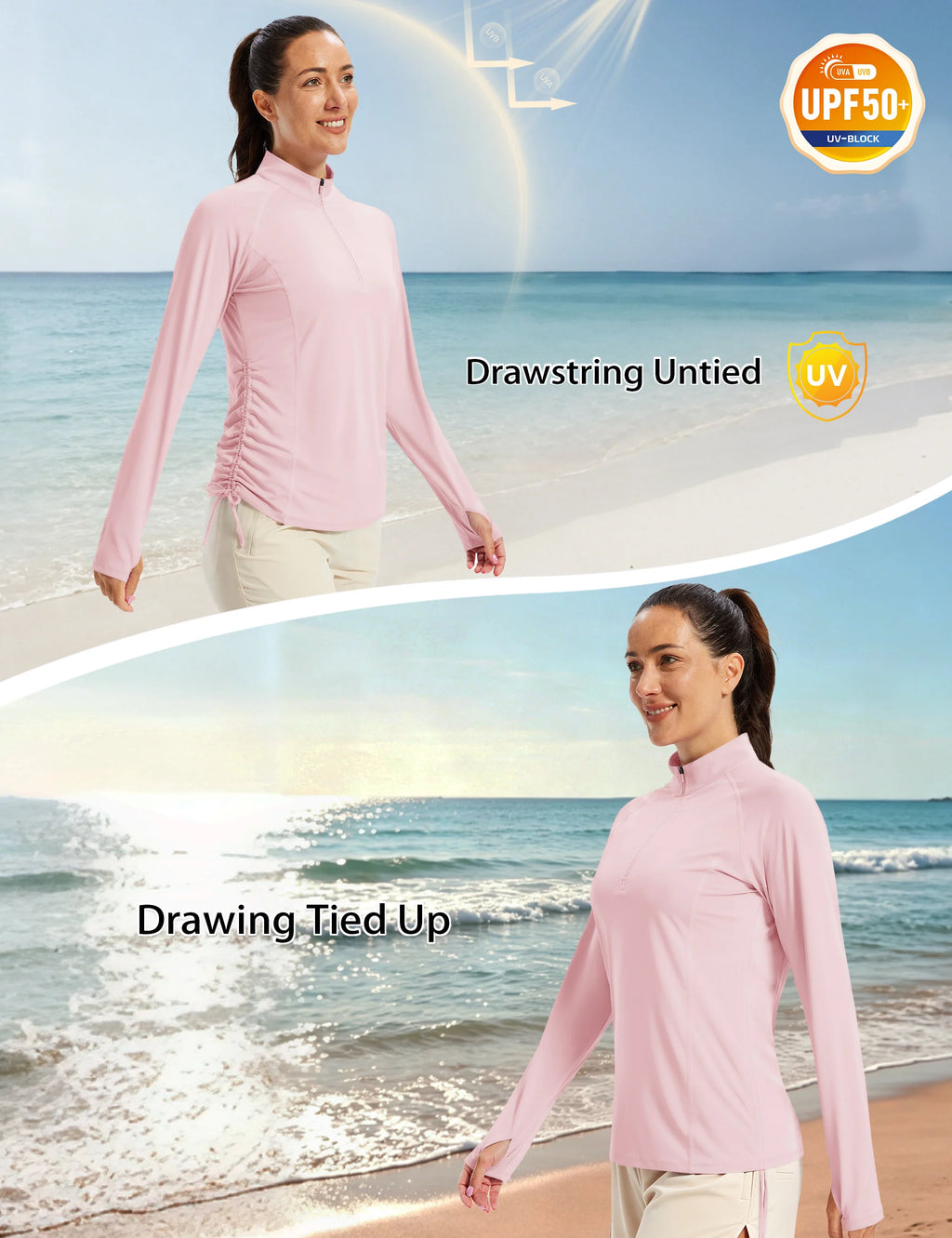 Camiseta para mujer con protección UV UPF50+, manga larga, cremallera corta, cordón lateral, aberturas para los pulgares y tejido transpirable.